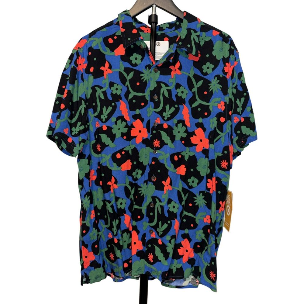 Men's Black Tropical Floral Button-Up Shirt Short Sleeve Size Large